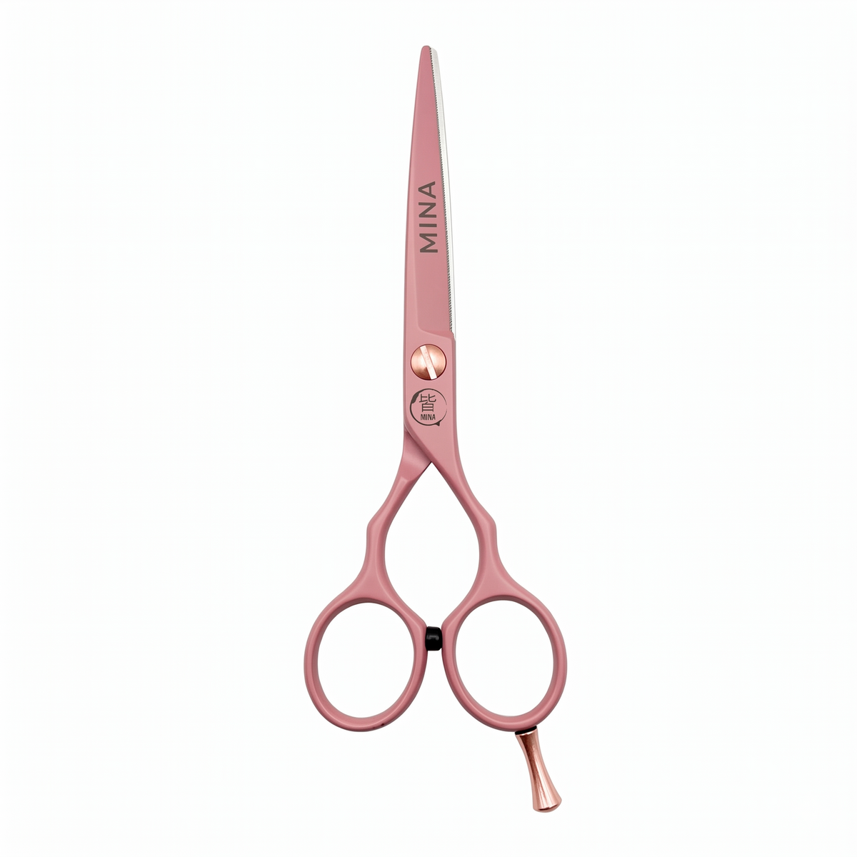 Mina Classic Pastel Pink cutting scissor — pastel pink blade with rose gold tension screw and finger rest (SKU: MIN-PNK-C55)