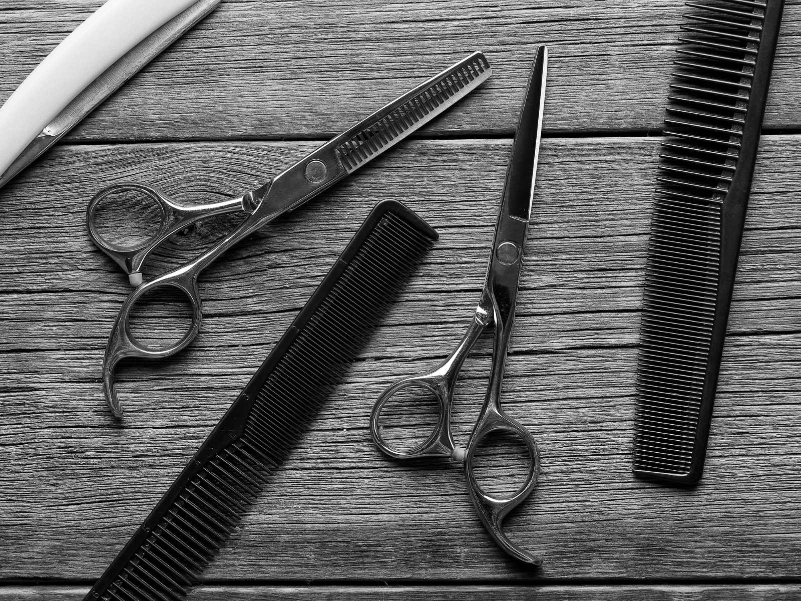 Barber hair cutting scissors and combs