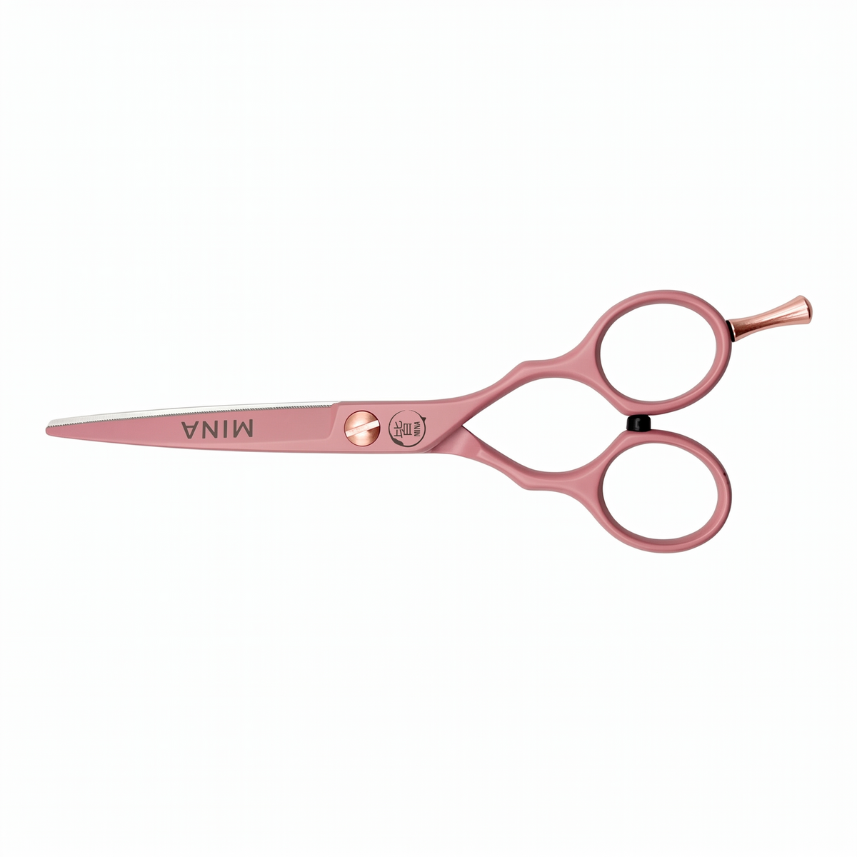 Mina Classic Pastel Pink cutting scissor — pastel pink blade with rose gold accents, side view