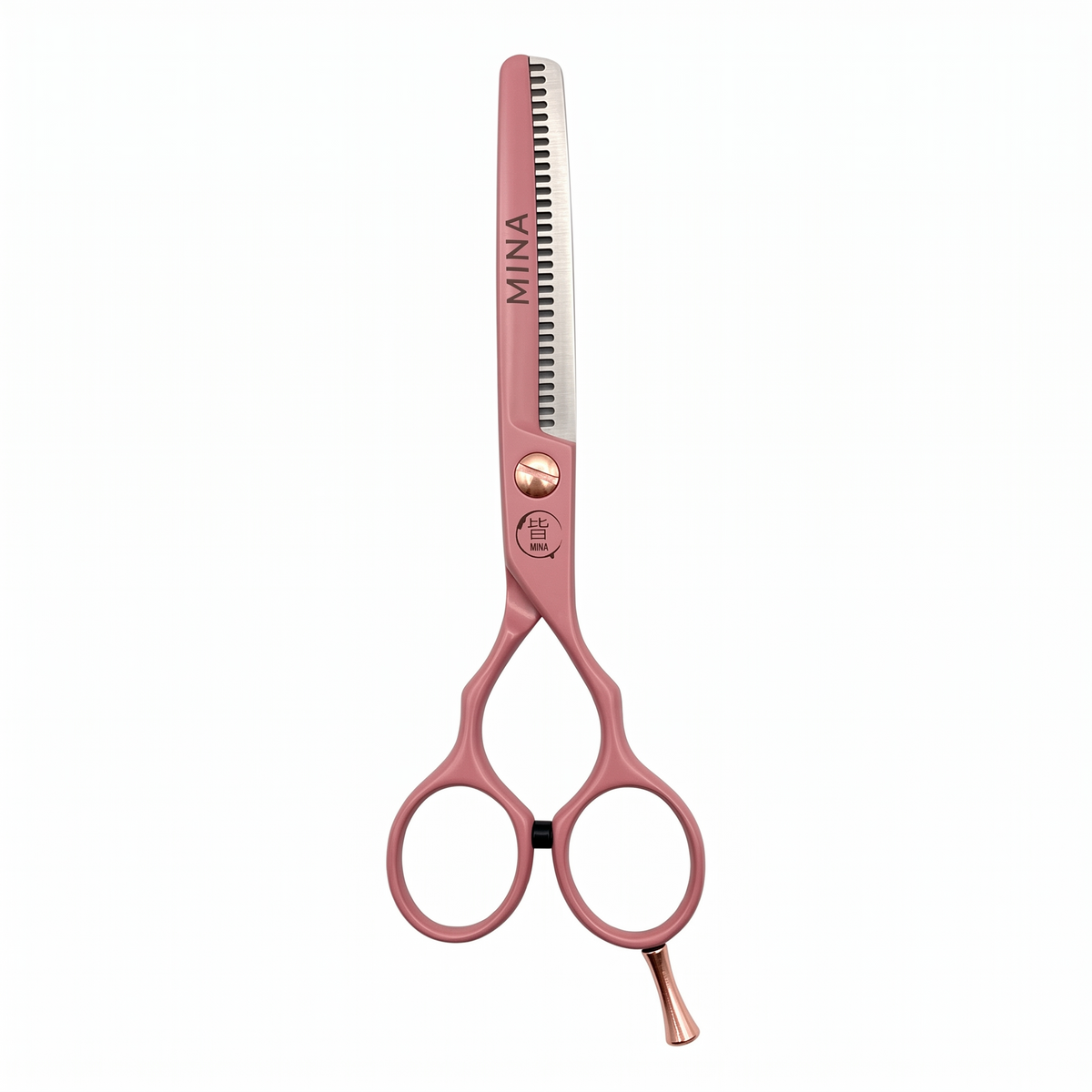 Mina Classic Pastel Pink thinning scissor — close-up of the pastel pink texturizing teeth