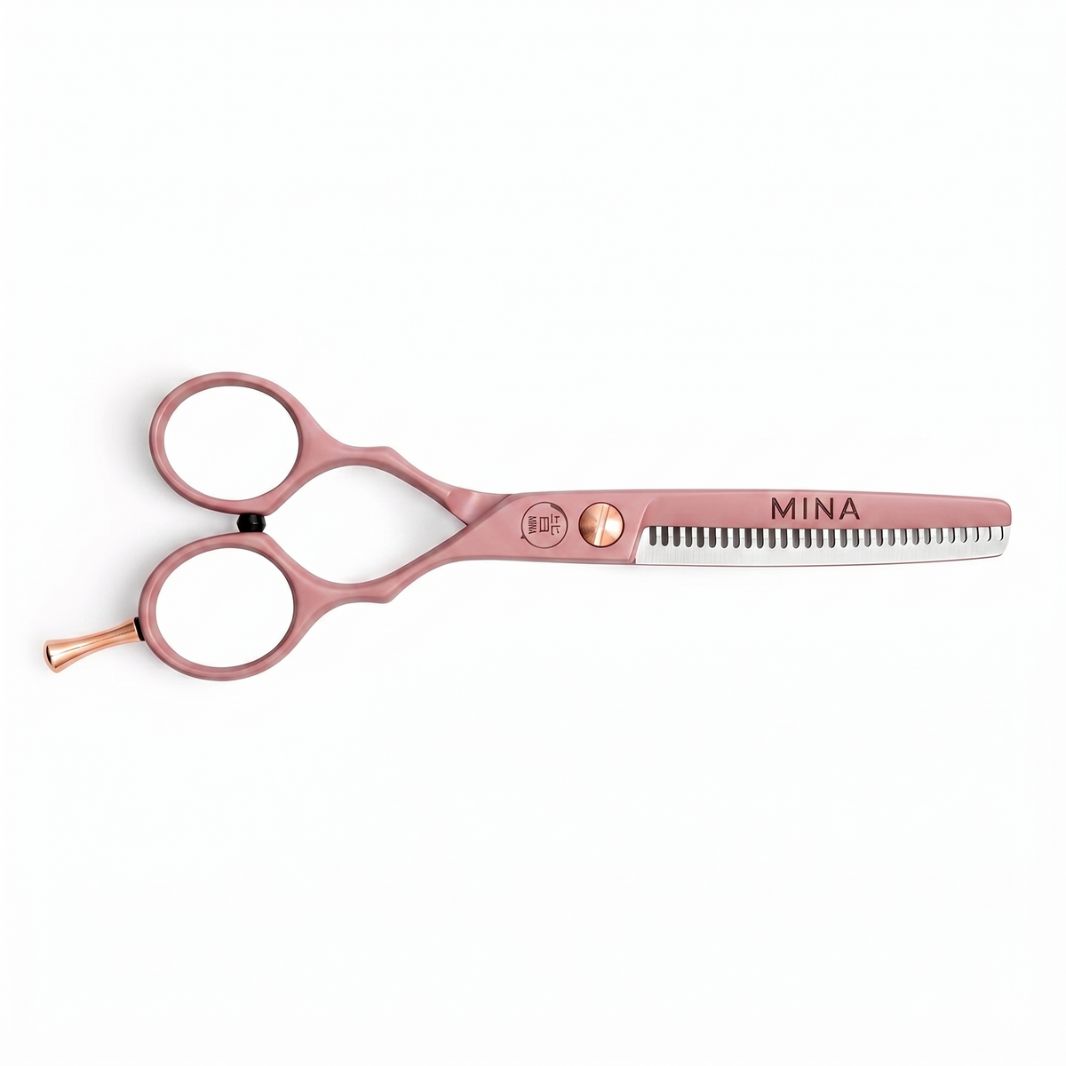 Mina Classic Pastel Pink thinning scissor — pastel pink serrated thinning blade, side view
