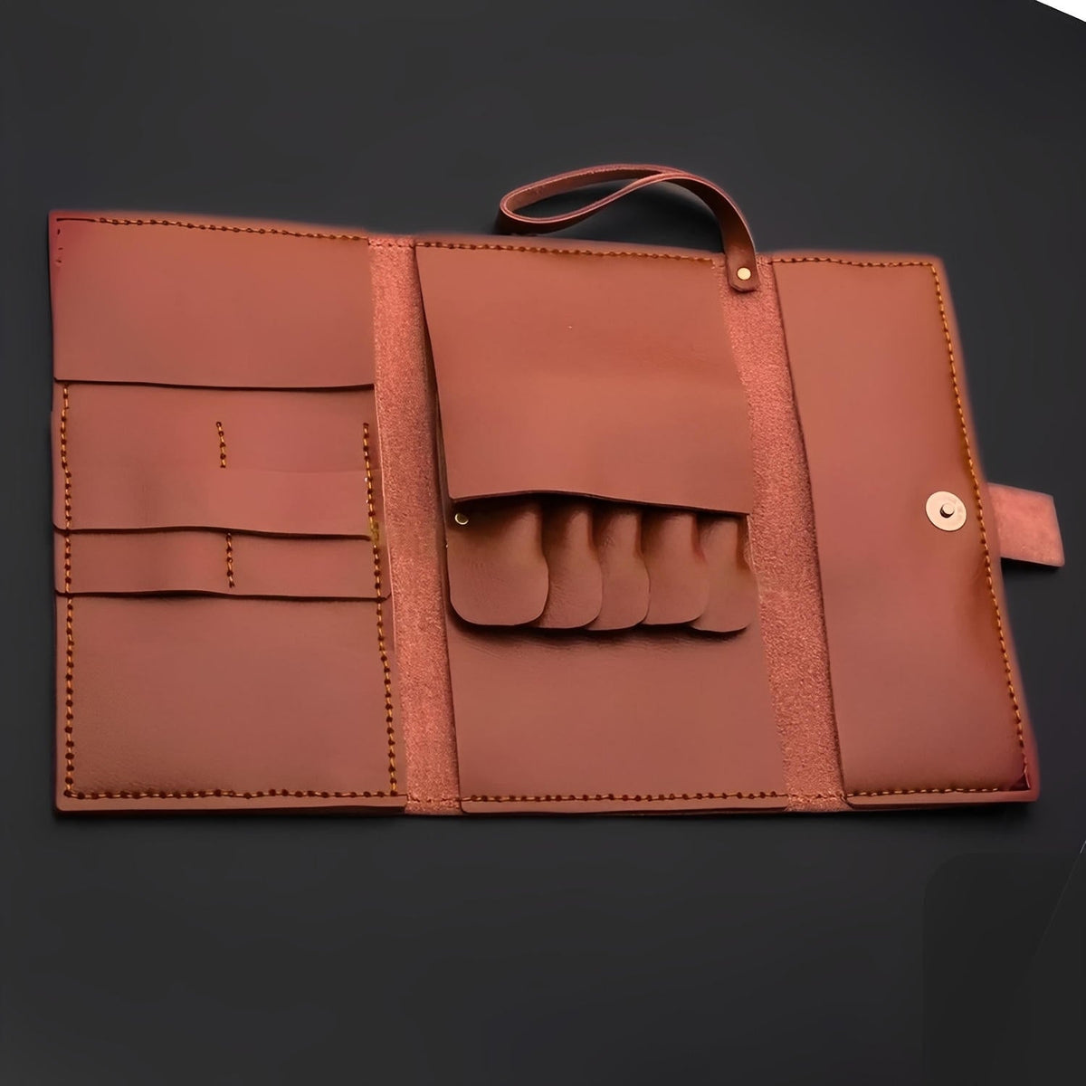 Boho Brown Leather Scissor Wallet - 5 Pocket Artisan Case (SKU: JUN-jP-5pc-Leather-BRP-01)