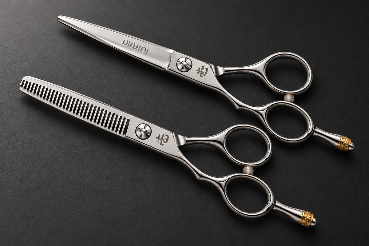 Ichiro Crown left-handed shear pair on a charcoal studio surface