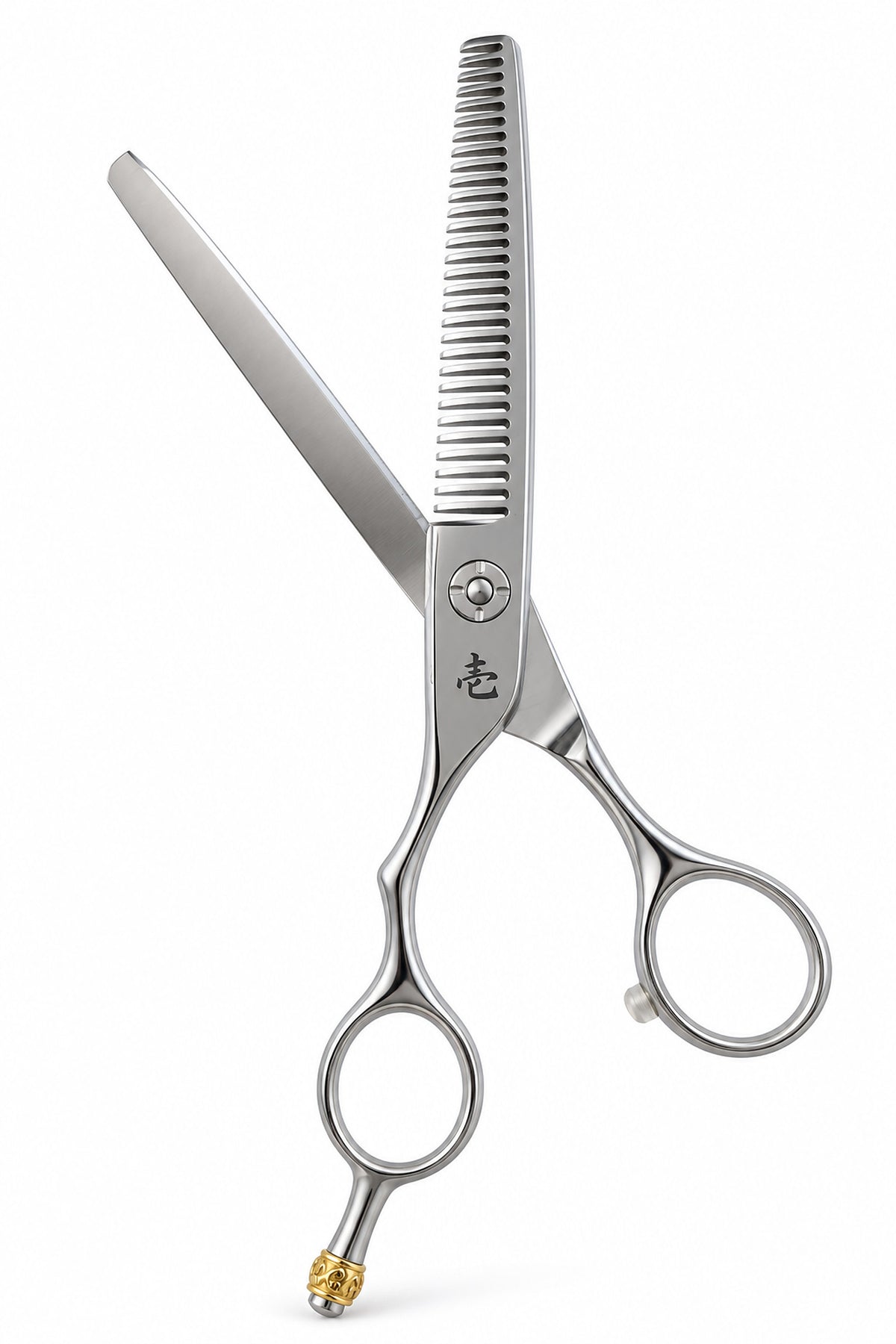 Open Ichiro Crown left-handed thinning shears showing the V-shaped teeth and plain blade