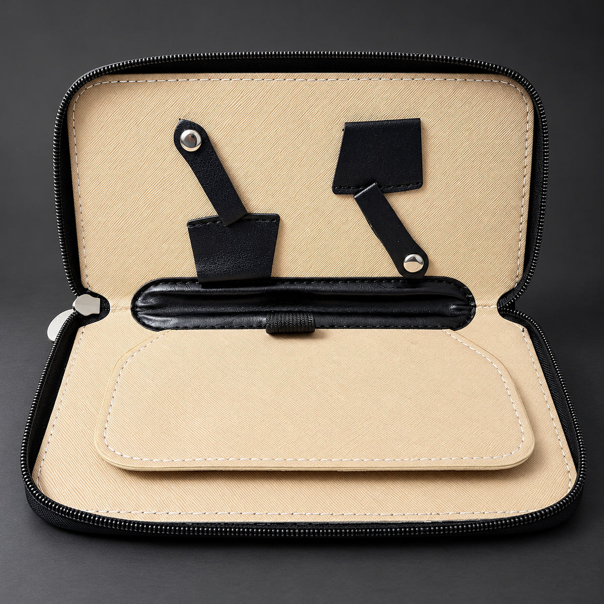 Open Ichiro scissor and shear case with blade sleeves, snap straps and a padded centre divider