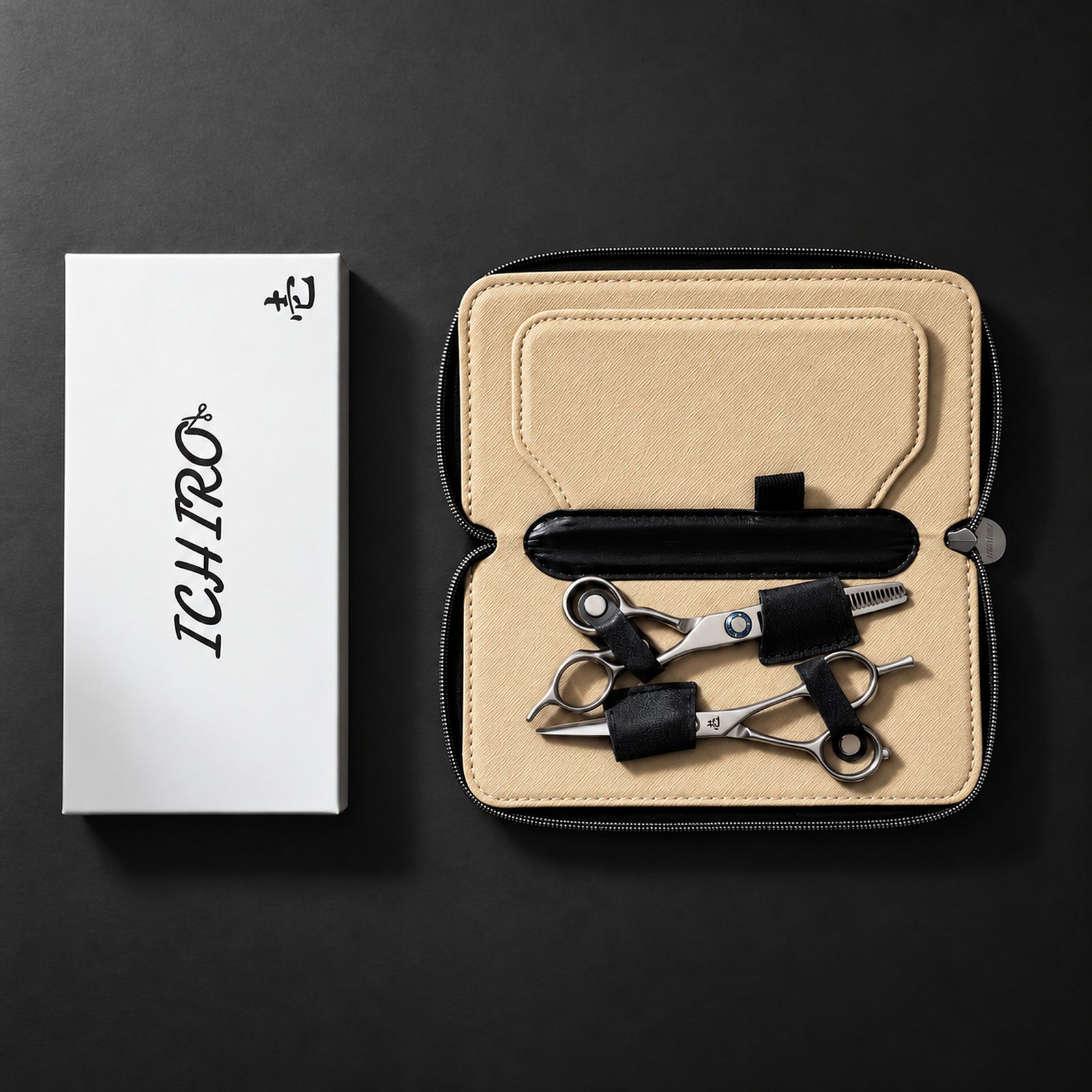 Ichiro case carrying a cutting scissor and a thinning shear beside an Ichiro presentation box, sold separately (SKU: ICH-CASE-TRV)