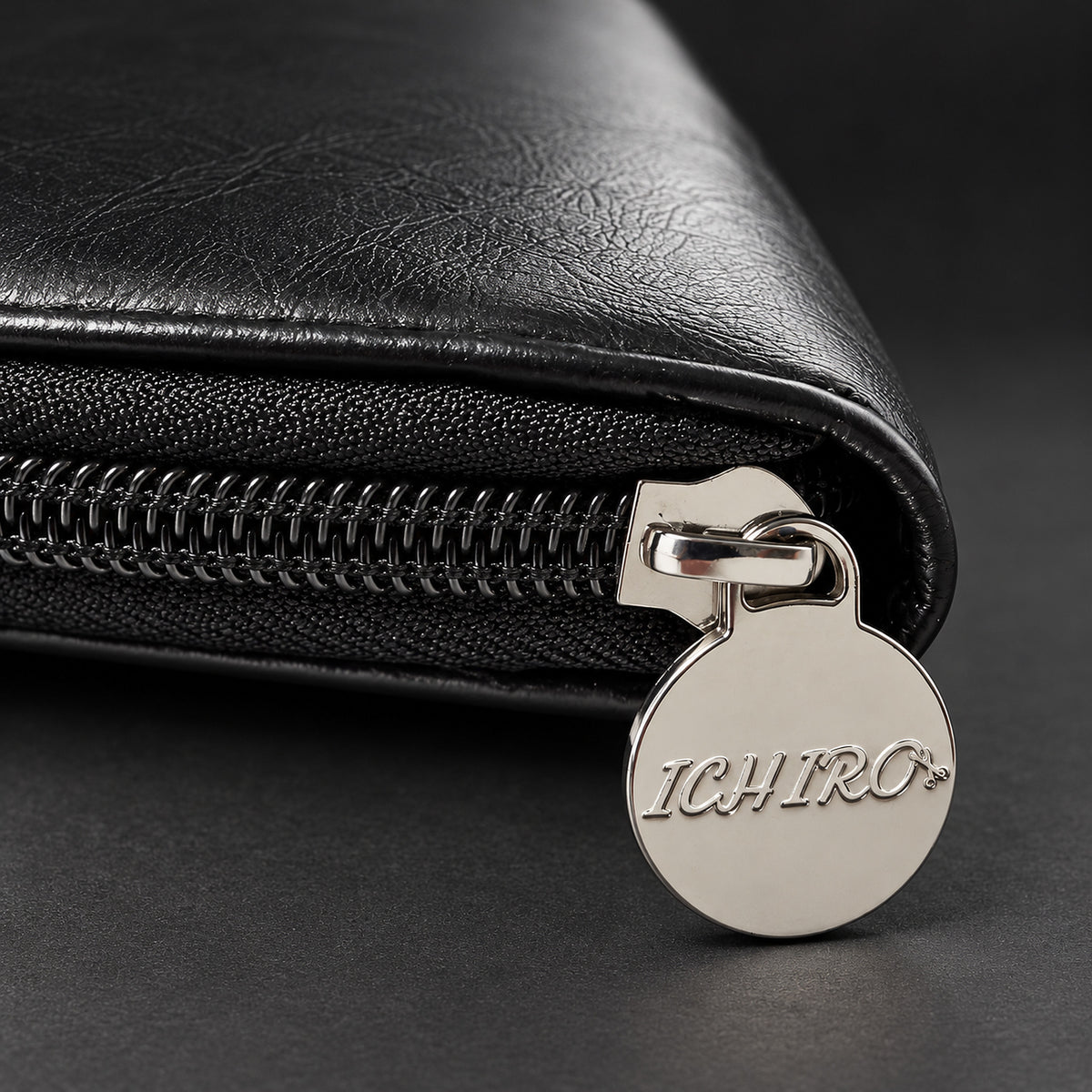 Engraved Ichiro metal zip pull on the scissors and shears travel case
