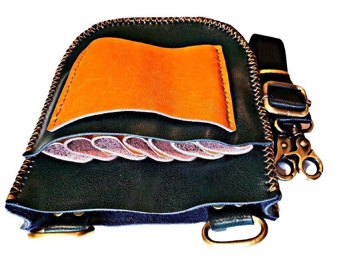 Premium Black &amp; Orange Leather Holster: Protect 7 Hair Scissors in - Leather Holster For Hair Stylists &amp; Barbers