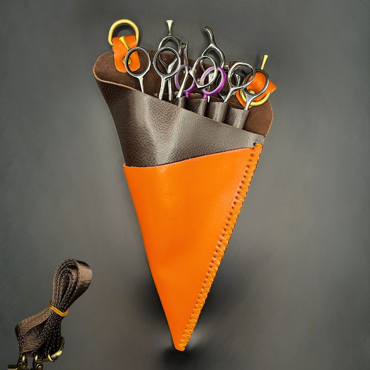 Premium Orange & Brown Leather Scissor Holster - 5 Pocket Professional Belt in - Leather Holster For Hair Stylists & Barbers